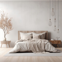 Fototapeta na wymiar Bedroom interior wall mockup, nordic style and cozy bedroom mockup, empty wall mockup