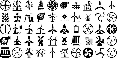 Huge Collection Of Turbine Icons Bundle Isolated Infographic Signs Electricity, Wind Turbine, Engine, Wind Illustration For Apps And Websites