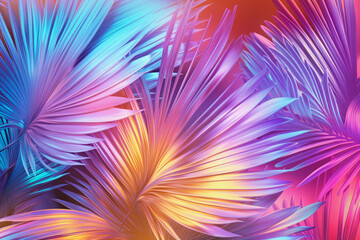 Obraz premium Tropical palm leaves in vibrant neon gradient, holographic colors. minimal art concept. Generative AI