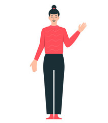 Beauty woman shows hand to side. cartoon style. illustration.
