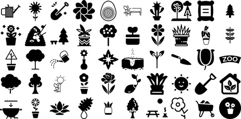 Big Set Of Garden Icons Bundle Black Simple Symbols Growing, Icon, Symbol, Tool Silhouettes Isolated On Transparent Background