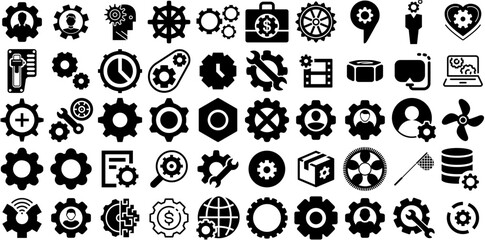 Huge Set Of Gear Icons Set Flat Design Silhouettes Engineering, Maintain, Finance, Tool Graphic Isolated On White Background