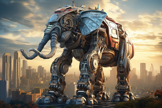 animal robot with cityscape on background