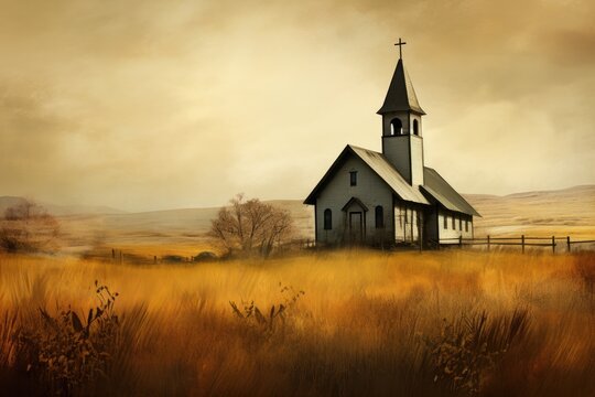 Old church in the field at sunset. Vintage style toned picture