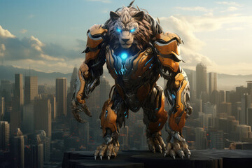 Naklejka premium animal robot with cityscape on background