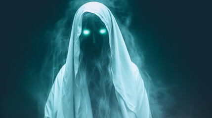 Scary spooky female ghost with glowing eyes - Generative Ai