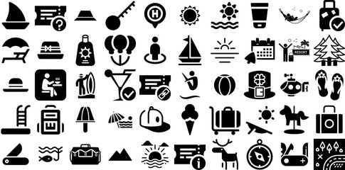 Massive Set Of Vacation Icons Pack Isolated Cartoon Signs Icon, Holiday Maker, Leisure, Day Clip Art Isolated On White Background - obrazy, fototapety, plakaty