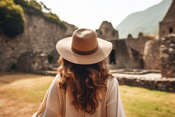 Obraz premium A glimpse of a young stylish woman's back as she explores an ancient ruins site, her straw hat complementing the adventurous spirit of her journey Generative AI