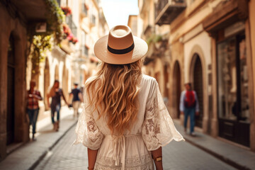 Obraz premium The back view of a young stylish woman exploring a bustling city, her long blond hair cascading down and complementing her fashionable straw hat Generative AI