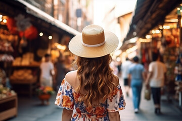 Obraz premium The back view of a young stylish woman strolling through a vibrant market, her straw hat adding a touch of elegance Generative AI