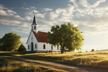 Church in the meadow at sunset. Rural landscape with old church
