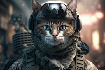 Close-up portrait face of soldier cat in army, with blue eyes. Military forces, military game. Cat soldier in a protective suit. Face mask,glasses, camouflage uniform. Brave protector. Generative AI