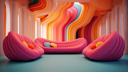 Colorful Modern Interior Design, 3D Render, 3D Illustration