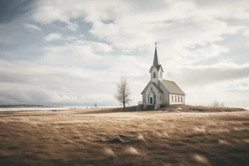 Foto op Canvas Old wooden church on a hill in Iceland. Filtered image processed vintage effect. © Faith Stock