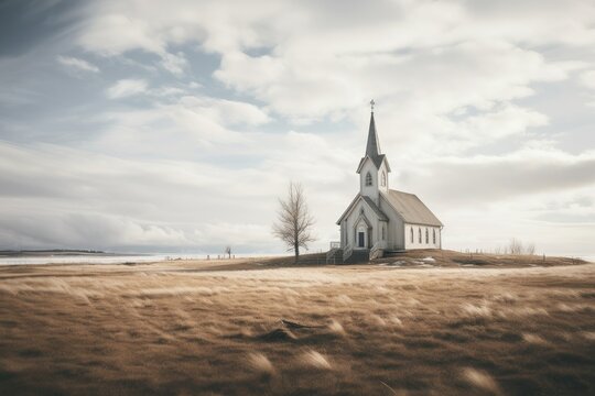 Old wooden church on a hill in Iceland. Filtered image processed vintage effect.