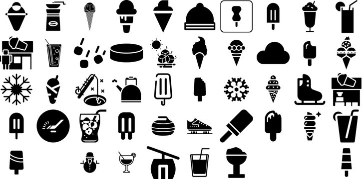 Huge Set Of Ice Icons Set Hand-Drawn Linear Vector Signs Ice, Icon, Sweet, Silhouette Illustration Vector Illustration