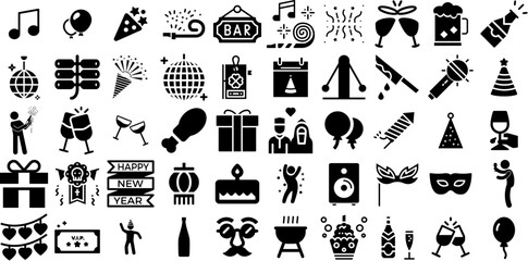 Mega Collection Of Party Icons Set Linear Infographic Signs Infographic, Icon, Music, Festival Buttons Isolated On White Background