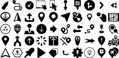 Huge Set Of Pointer Icons Set Black Design Glyphs Three-Dimensional, Icon, Distance, Interface Doodles Isolated On White Background
