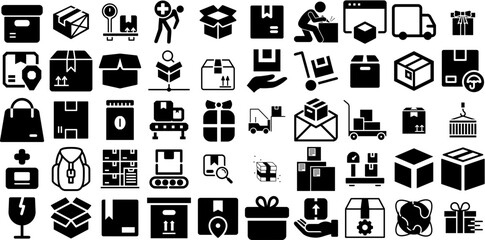Mega Collection Of Package Icons Set Flat Infographic Silhouette Mark, Optimization, Icon, Distribution Pictograms Isolated On White Background