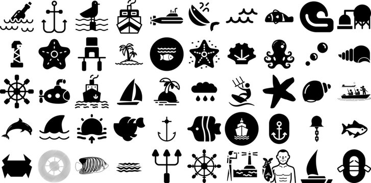 Big Collection Of Ocean Icons Pack Solid Modern Silhouettes Tortoise, Fauna, Icon, Border Pictograph Isolated On Transparent Background