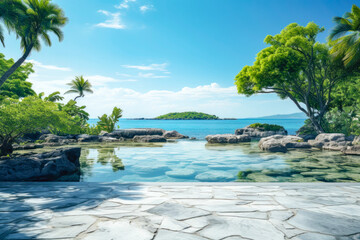 Wide empty white stone clear floor with ocean jungle far background , Generative Ai