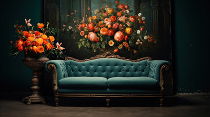 Stylish Living Room Interior with Flower Mural, Modern interior design, 3D render, 3D illustration