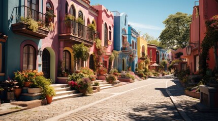 Row of colorful traditional private townhouses, Residential architecture exterior.
