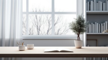 Tabletop in a modern bright office room, Modern white and clean office room.