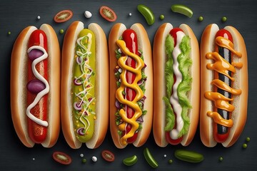 Fresh, delicious, just prepared hot dogs richly topped with lettuce, tomatoes, cucumbers, sauce and spices. Served on the grey table. Great food design. Generative AI