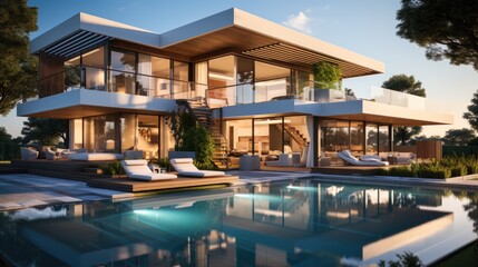 Fototapeta premium The dream House, Exterior of modern minimalist cubic villa with swimming pool.