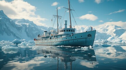 Naklejka premium Icebreaker at anchor in the arctic waters with crisp blue sky and snowy mountain background.