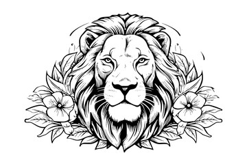 The lion head hand draw vintage engraving  black and white vector illustration on a white background.