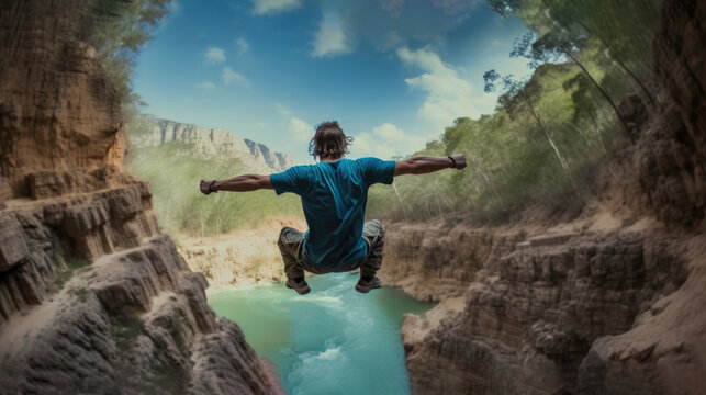 Man are jumping off a high cliff at a waterfall. Top view.