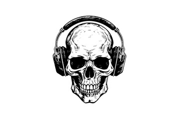 Human skull in a headphones in woodcut style. Vector engraving sketch illustration for tattoo and print design.