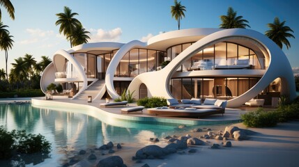 Obraz na płótnie Canvas Contemporary house with pool, Modern villa on a tropical sand beach, Minimalist house with round curved shaped forms.