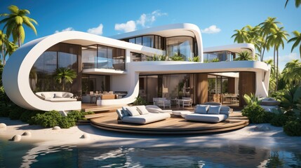 Contemporary house with pool, Modern villa on a tropical sand beach, Minimalist house with round curved shaped forms.