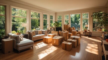 Cardboard boxes and cleaning things for moving into a new home, Lots of cardboard boxes in living room at new apartment.