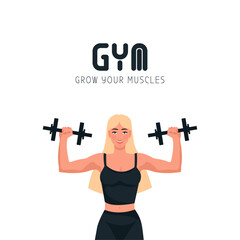 Fototapeta na wymiar Fitness girl in gym, barbells dumbbells fitness, crossfit logo