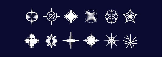 Trendy y2k design elements. Set of abstract shapes, stars, starburst and symbols. Vector template