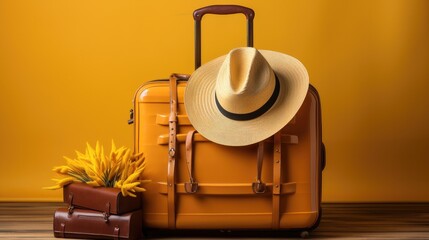 Yellow suitcase and straw hats, Travel and vacation concept, Stylish luggage bag on yellow background.