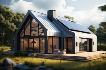 Solar panels with house, Ecological environment concept, Passive house with solar panels. - obrazy, fototapety, plakaty