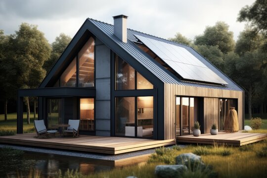 Passive house with solar panels, Sustainable Renewable Energy.