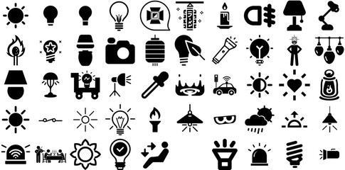 Mega Collection Of Light Icons Set Hand-Drawn Black Vector Pictograms Glistering, Silhouette, Set, Tool Clip Art For Apps And Websites