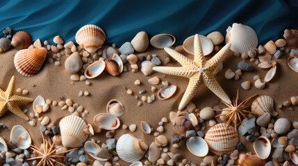 Fototapeta na wymiar Shells and stars on sand near sea, Beach vacation concept.