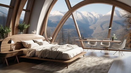 Interior design of modern bedroom and ellipse shaped windows with nature view, Wooden bed, Wooden furniture.