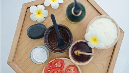 Top view of massage equipment on tray. Items and accessories for spa massage in composition on tray. Wellness center, Massage treatment concept