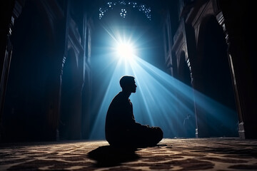 Muslim man praying in old mosque. Generative AI

