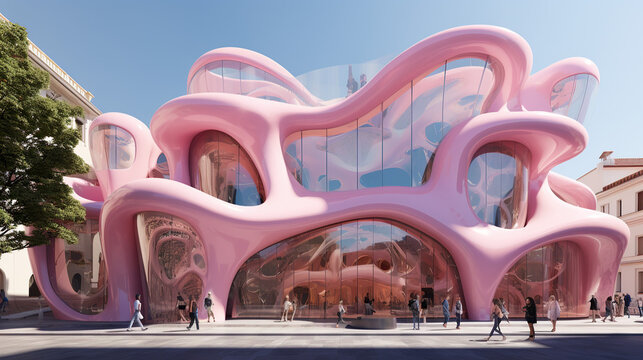 Pink Building Facade, Modern Architectural Design, 3D Render, 3D Illustration