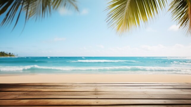 Summer rest background, Empty wood table over blue sea, beach and palm in summer day.