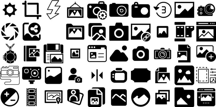 Mega Set Of Photo Icons Pack Black Cartoon Pictograms Icon, Ok, Holiday Maker, Silhouette Buttons Isolated On White Background
